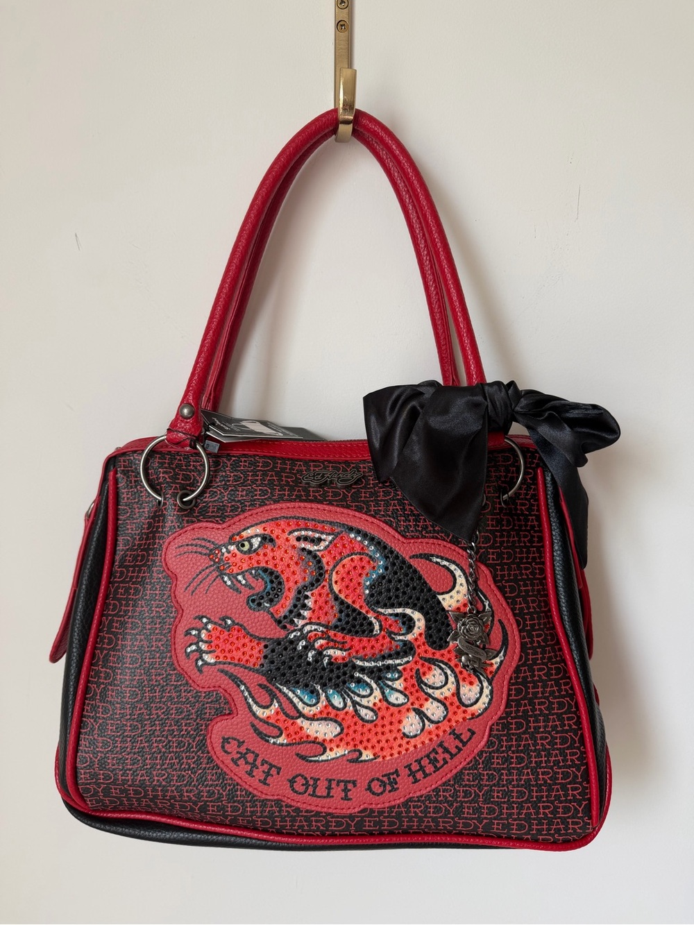 Ed Hardy Red cat out of hell Tiger Graphic Tote bag